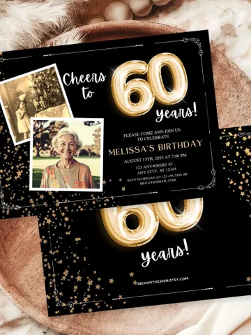 60th Birthday Invitation with Photo Adult Women Men Cheers to 60th Birthday Invite Black and Gold Party Card for Grandma Canva Template $7.00