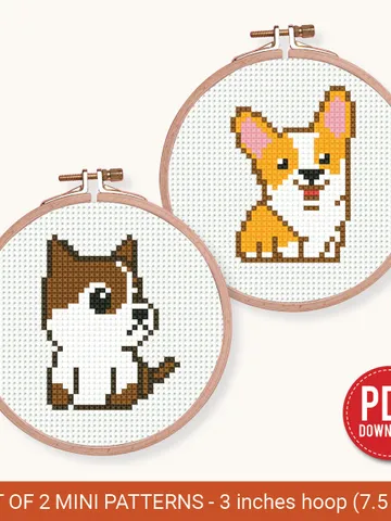 Bundle of 2 mini cute puppy Cross stitch patterns contemporary dogs Husky Corgi animals beginner counted modern DIY embroidery instant PDF $5.37