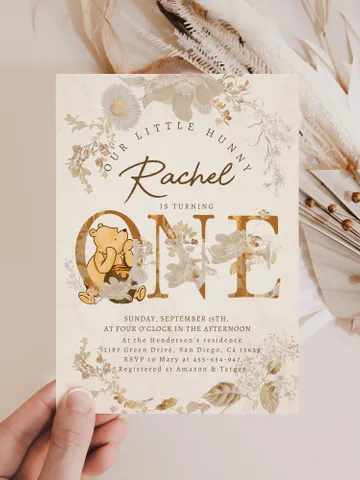 Classic Winnie Pooh Baby Birthday Digital Invite; Wizard Baby Birthday Evite; Greenery Baby Birthday; Honey Bear Evite; Winnie Invitation $12.78