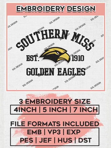 Southern Miss Golden Eagles Est 1910 Logo Embroidery Designs, NCAA Southern Miss Golden Eagles Team Embroidery, NCAA Team Logo, 3 sizes, Machine embroidery Files, Digital Download $6.99