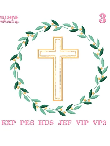 Cross with wreath embroidery design Machine embroidery pattern 3 sizes, Embroidery files christian cross, Religious embroidery Easter #R46 $3.45