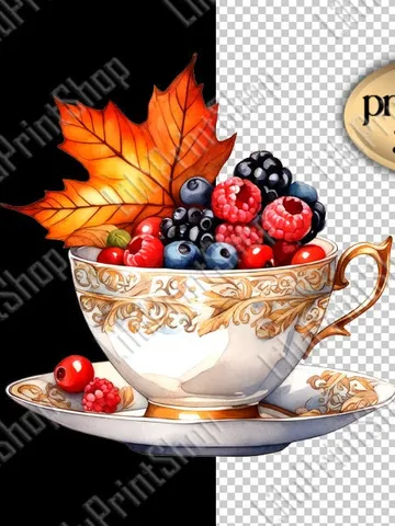 Cup with leves and berries overlay png Watercolor Autumn clipart for Sublimation digital instant download $2.71