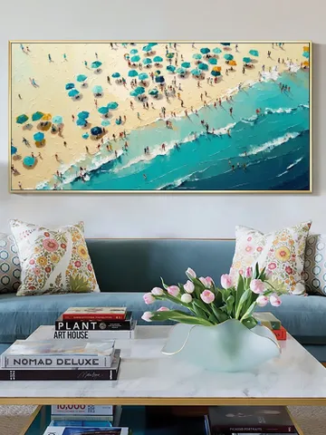 Large Original Beach Oil Painting on Canvas, Abstract Blue Seascape Painting, Texture Wall Art, Custom Painting, living room Wall Decor $147.97