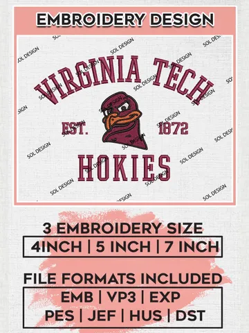 Virginia Tech Hokies Est 1872 Embroidery Designs, NCAA Virginia Tech Hokies Team Embroidery, NCAA Team Logo, 3 sizes, Machine embroidery Files, Digital Download $6.99