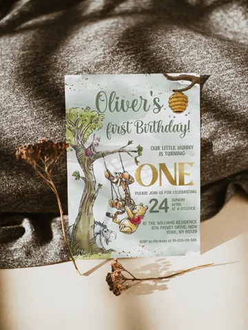 Classic Winnie Pooh Baby Birthday Invitation; Winnie Pooh Baby Birthday ; Greenery Baby Birthday; Honey Bear Birthday; Winnie Pooh wp2 $12.78