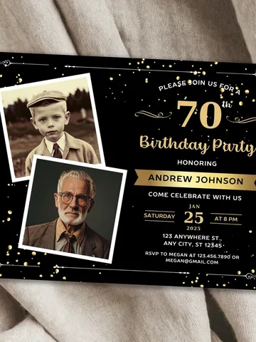 70th Birthday invitation with Photo | Adult Birthday Photo Invite | Mens birthday Black Gold landscape invitation card | Canva template $7.00