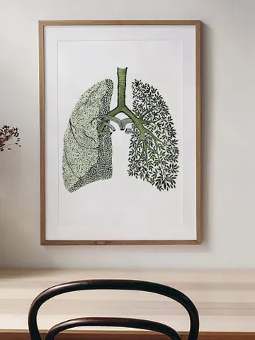 Watercolor print "BREATHE", green lungs illustration