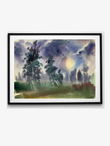 Watercolor painting landscape night trees