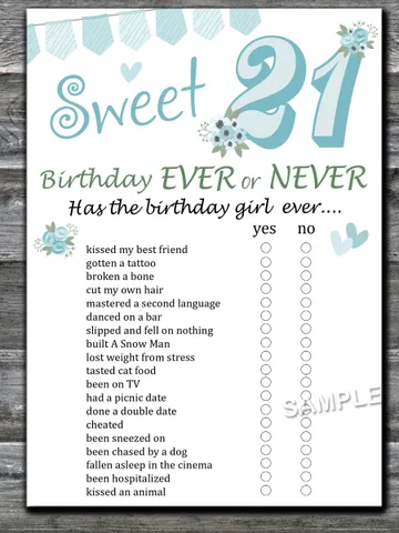 Sweet 21st Birthday ever or never game,Adult Birthday party game printable-fun games for her-Instant download $1.50