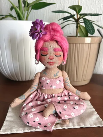 Textile doll yoga girl with pink hair and tattoo $120.00