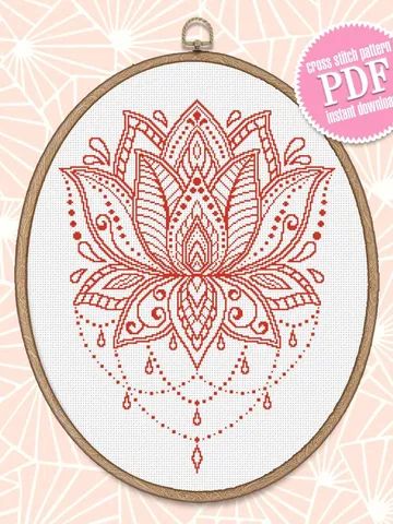 Flower lotus mandala cross stitch pattern download PDF Floral ornament cross stitch chart, Monochrome mandala pattern digital PDF #M96 $4.60