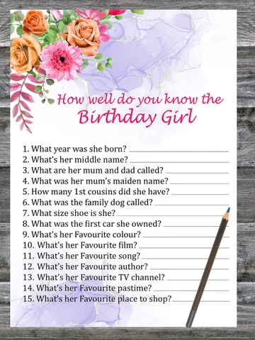 Flowers Birthday Game How well do you know the birthday girl,Adult Birthday party game-fun games for her-Instant downloa $1.75