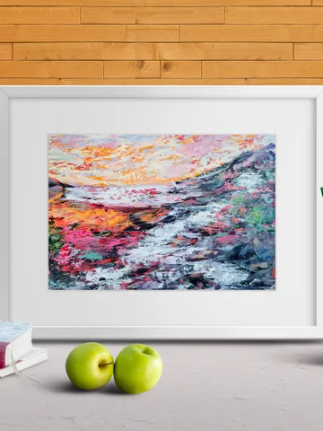 Boat Mountain Trees Flowers Sunset Original Art Oil Painting Artist Svinar Oksana $100.00