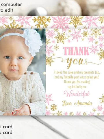 Winter Onederland Thank you card with Photo, Winter Onederland Birthday Girl Decorations, Pink Gold Snowflake Note Card $6.00