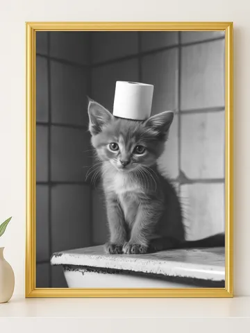 Cute Kitten Bathroom Wall Art, Funny Cat with Toilet Paper Print, Adorable Pet Humor Décor, Digital Download