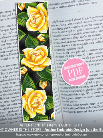 Flower bookmark cross stitch pattern PDF download Yellow rose cross stitch chart, Handmade bookmark digital PDF, Floral cross stitch #B212 $4.40
