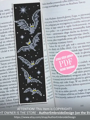 Halloween bat bookmark cross stitch pattern download PDF Spooky handmade bookmark pattern digital PDF, Gothic bat cross stitch chart #B107 $4.40