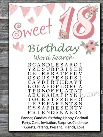 Sweet 18th Birthday Word Search Game,Adult Birthday party game printable-fun games for her-Instant download $1.50