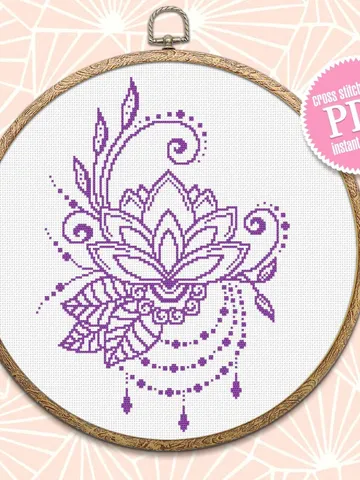 Flower lotus mandala cross stitch pattern download PDF, Floral ornament cross stitch chart, Monochrome mandala ornament, DIY Home decor #M58 $4.60