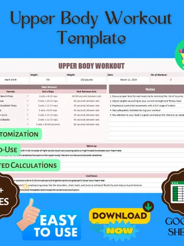 Upper Body Workout Template - Editable Google Sheets for Strength Training & Fitness Progress Tracking, Digital Download $8.26