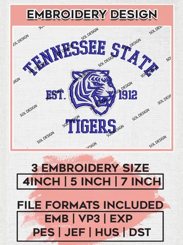 Tennessee State Tigers Est 1912 Embroidery Designs, NCAA Tennessee State Tigers Team Embroidery, NCAA Team Logo, 3 sizes, Machine embroidery Files, Digital Download $6.99