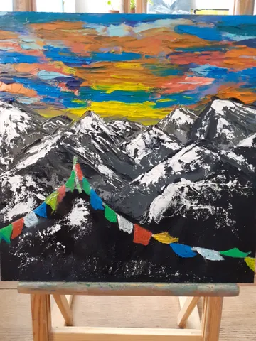 Oil Painting Himalayas Sunset in the Mountains Mountain Landscape Nature Travel Tourism Cardboard 12 x12 inches 30x30 cm Wall Decor 3D Image $111.00