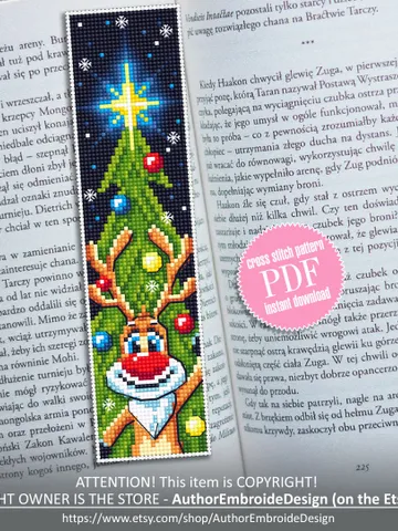Christmas bookmark cross stitch pattern download PDF Handmade bookmark deer xstitch chart Christmas tree cross stitch gifts New Year #B41 $4.40