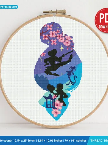 Mulan silhouette princess Cross stitch patterns, Love, Sakura, nursery, decor, beginner counted modern chart gift DIY embroidery instant PDF $6.80