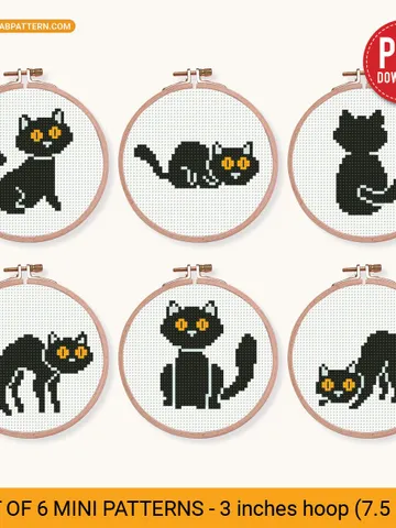 Bundle 6 mini black cat Cross stitch pattern, tiny animal, Nature, animals, beginner counted, modern chart, DIY, embroidery, instant PDF $11.50
