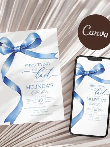 Blue Bow Bridal Shower Invitation, Editable Engagement Party Invite, Elegant Ribbon Bachelorette Template, She's Tying The Knot Canva Evite $8.00