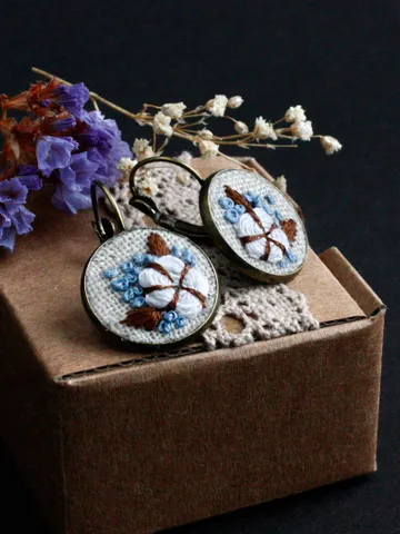 Handmade tiny cotton flower earrings leverback Sky blue white floral earrings Miniature wildflower jewelry for cotton anniversary