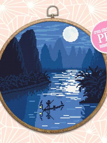 Night nature cross stitch pattern download PDF Chinese landscape cross stitch chart Boat on the river embroidery PDF Nature lover gift #L16 $4.60