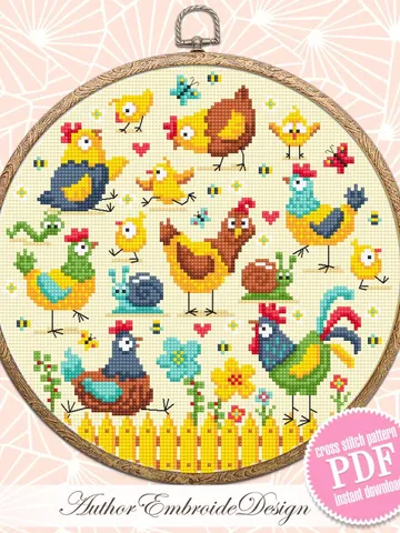 Chicken cross stitch pattern PDF download Funny bird cross stitch chart, Chicken pattern digital PDF, Farmhouse rooster and hen sampler #K62 $4.60