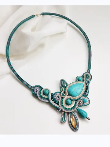 Turquoise statement necklace, Soutache embroidered necklace with natural stone, Blue bib necklace $69.00