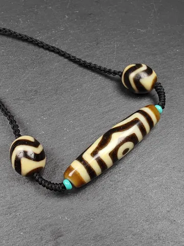 Authentic Tibetan Necklace:3 Eyes Dzi + Wave Dzi Beads Amulet,Protective Charm