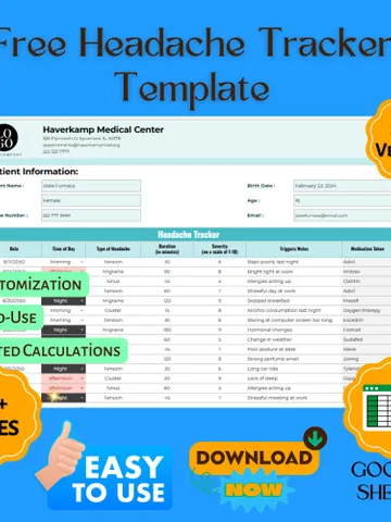 Free Headache Tracker Template, Editable Google Sheets Digital Download, Easy-to-Use Pain Management Log, Migraine Tracker $8.26