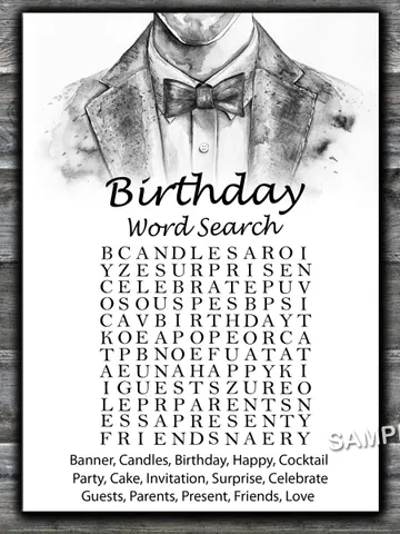 Bow Tie Birthday Word Search Game,Birthday Games for Him, Adult Birthday Games,Printable Birthday Games for Him $1.75