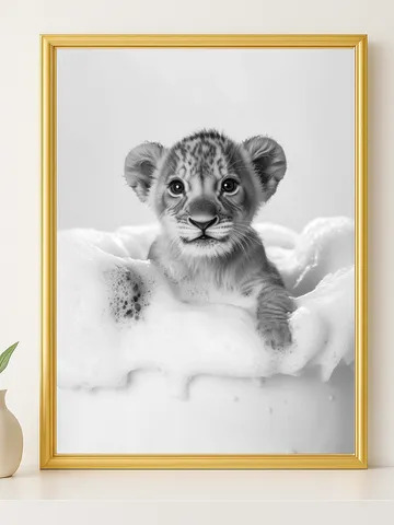 Adorable Baby Lion in Bubble Bath, Cute Safari Animal Bathroom Wall Art, Nursery Jungle Décor, Black and White Digital Download