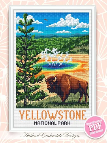 Yellowstone national park cross stitch pattern PDF download Buffalo cross stitch chart, Nature landscape pattern digital Travel poster #L100 $4.90