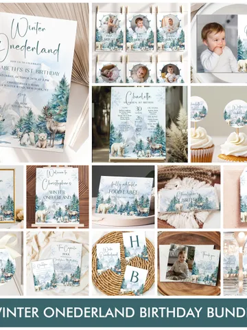 Winter Onerderland Boy 1st Birthday Invitation Bundle, Winter Wonderland Xmas First Party Invite Decor Set, Editable Corjl Template - i132 $40.00