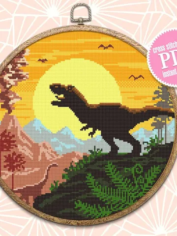 Dinosaur cross stitch pattern download PDF, Ancient animal cross stitch chart, Mountain landscape cross stitch, Nature beginner stitch #D6 $4.70