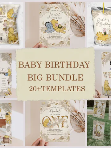 DIY Winnie Pooh Birthday Bundle; Editable 1st Birthday Party Template; Winnie the Pooh Birthday Party; Pooh Birthday Party Decoration; flw12 $46.00