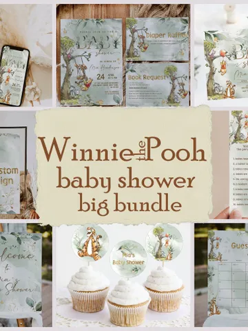 Winnie the Pooh Baby Shower Bundle; Large Winnie the Pooh Baby Shower Set; Honey Bear Baby Shower; We can Bearly Wait shower bundle; pg123 $46.00