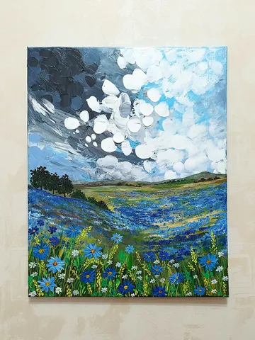 Textured painting landscape blue wildflowers artwork