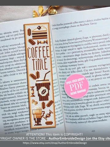 Bookmark coffee time cross stitch pattern digital PDF Handmade bookmark embroidery beginners Instant download Gift for book lover #B3 $4.40