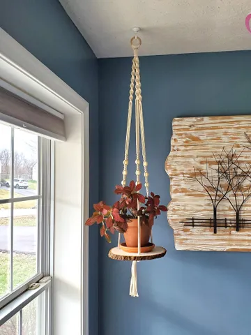 Macrame Plant Hanger with Live Edge Wood Shelf Boho Home Decor Plant Pot Holder Unique Housewarming Gift $45.00