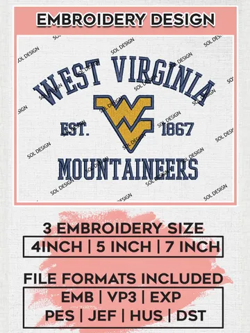 West Virginia Mountaineers Est 1867 Logo Embroidery Designs, NCAA West Virginia Mountaineers Team Embroidery, NCAA Team Logo, 3 sizes, Machine embroidery Files, Digital Download $6.99