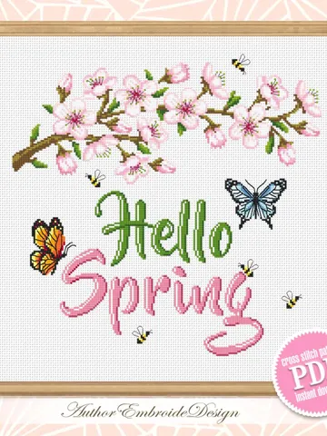 Hello spring cross stitch pattern PDF download Cherry blossom cross stitch chart, Floral pattern digital PDF Sakura flower cross stitch #Q66 $4.60