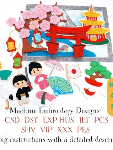 Japan Quiet Book Page & Finger Puppets ITH Embroidery Design, Mount Fuji Felt Play Set, Sakura, Educational Toy Download
