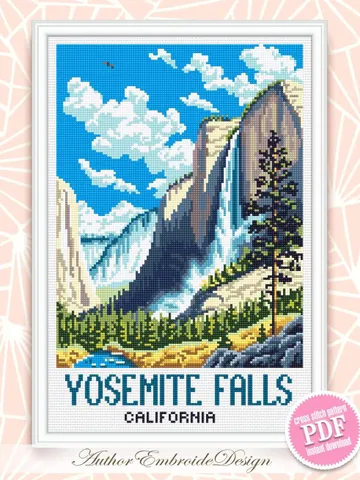 Yosemite falls national park cross stitch pattern PDF download Travel poster cross stitch chart, Mountain landscape pattern digital PDF #L96 $4.90